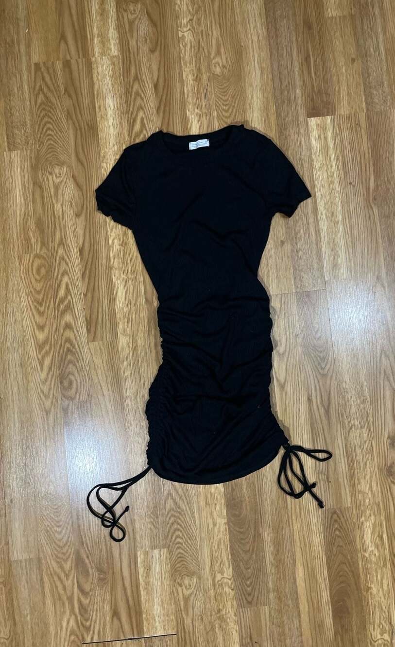 Haley & June Black Ribbed Short Sleeve Side-Cinch Bodycon Dress
